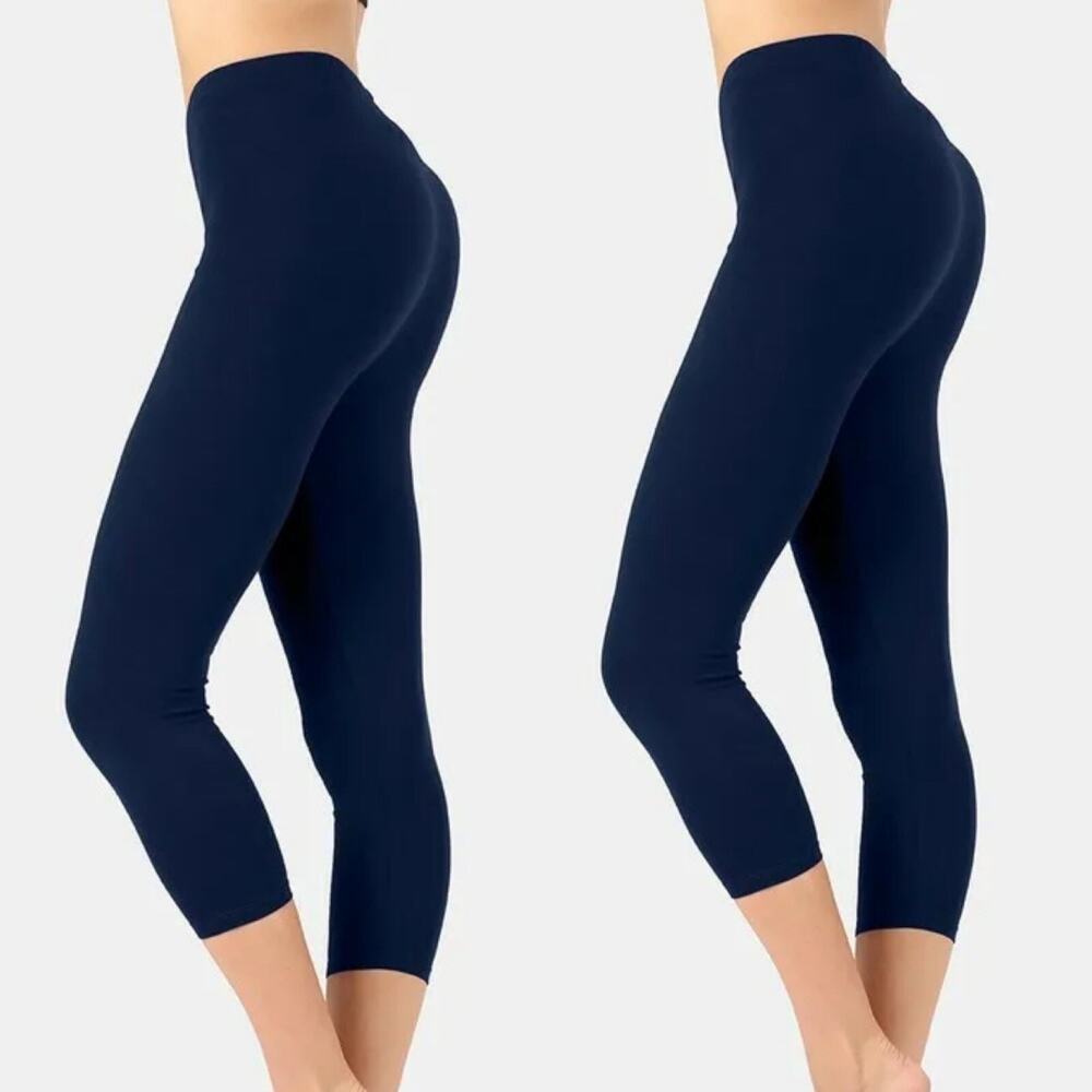 Lot Of 2 Zenana Women Capri 3/4 Length Leggings Cotton‎ Stretch High Waist SMALL